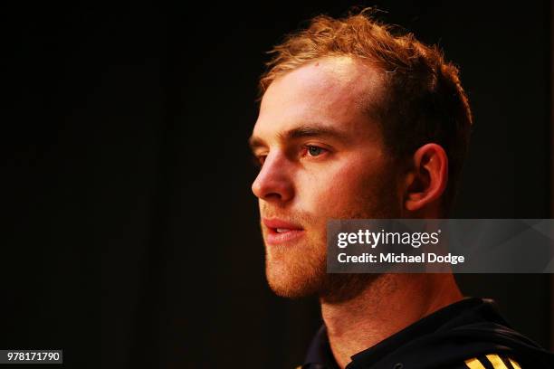 Tom Mitchell speaks to the media during a Hawthorn Hawks AFL press conference at Waverley Park on June 19, 2018 in Melbourne, Australia.