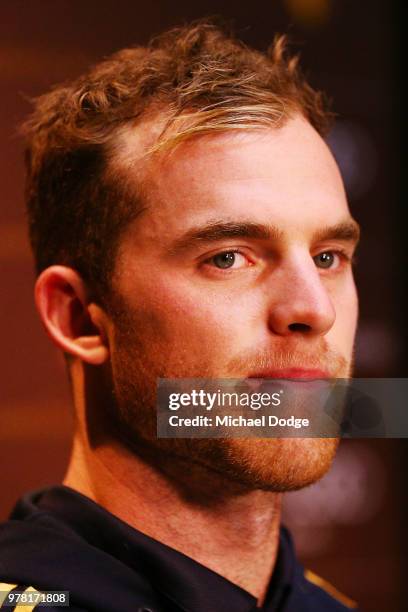 Tom Mitchell speaks to the media during a Hawthorn Hawks AFL press conference at Waverley Park on June 19, 2018 in Melbourne, Australia.