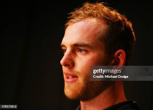 Tom Mitchell speaks to the media during a Hawthorn Hawks AFL press conference at Waverley Park on June 19, 2018 in Melbourne, Australia.