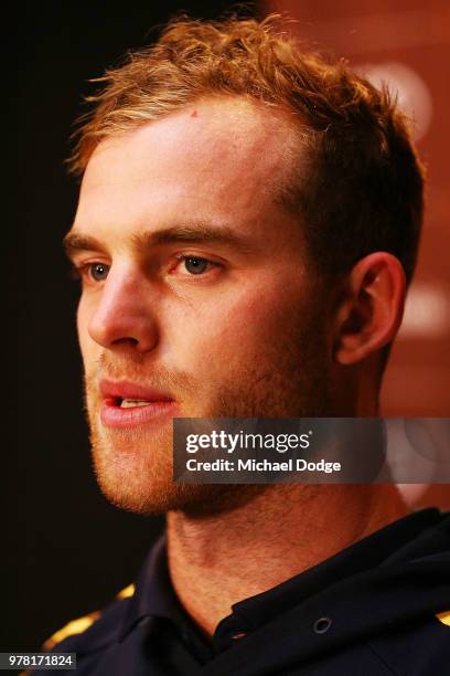 Tom Mitchell speaks to the media during a Hawthorn Hawks AFL press conference at Waverley Park on June 19, 2018 in Melbourne, Australia.