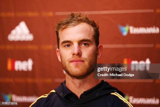 Tom Mitchell speaks to the media during a Hawthorn Hawks AFL press conference at Waverley Park on June 19, 2018 in Melbourne, Australia.