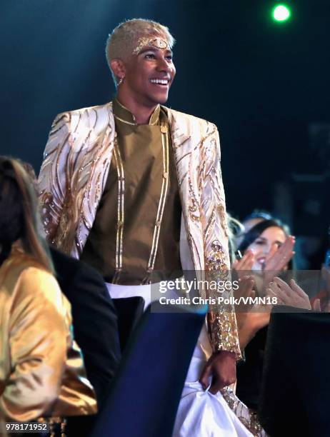 Actor Keiynan Lonsdale accepts the Best Kiss award for 'Love Simon' onstage during the 2018 MTV Movie And TV Awards at Barker Hangar on June 16, 2018...