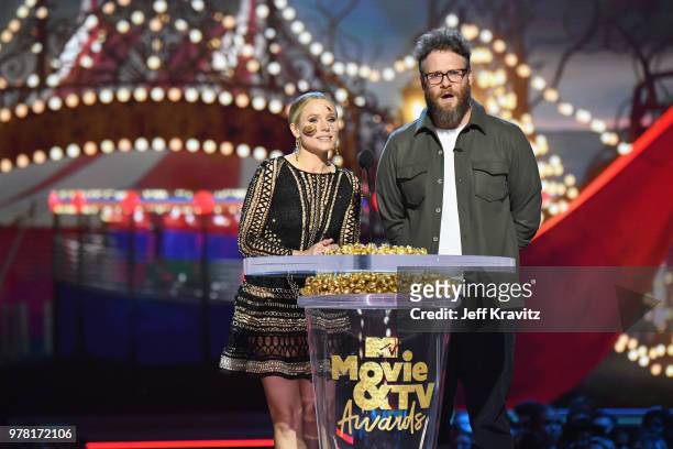 Actors Kristen Bell and Seth Rogen speak onstage at the 2018 MTV Movie And TV Awards at Barker Hangar on June 16, 2018 in Santa Monica, California.