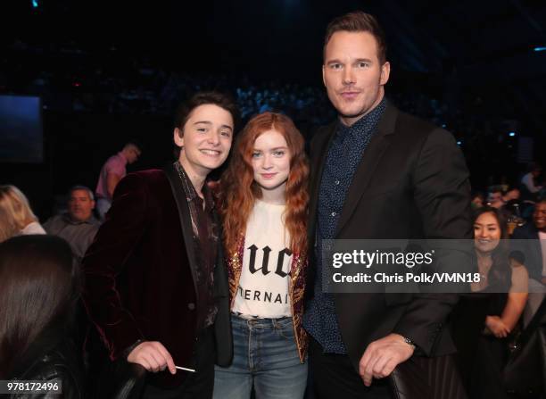 Actors Noah Schnapp, Sadie Sink and Chris Pratt attend the 2018 MTV Movie And TV Awards at Barker Hangar on June 16, 2018 in Santa Monica, California.