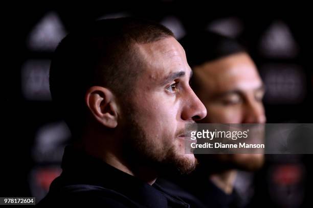 Perenara and Sonny Bill Williams of the All Blacks speak to media during a New Zealand All Blacks press conference on June 19, 2018 in Dunedin, New...