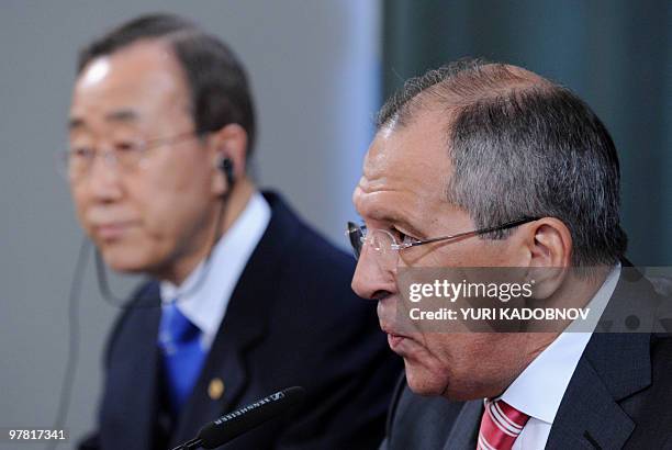 Russian Foreign Minister Sergei Lavrov speaks at a press conference with UN Secretary General Ban Ki Moon after talks in Moscow on March 18, 2010....