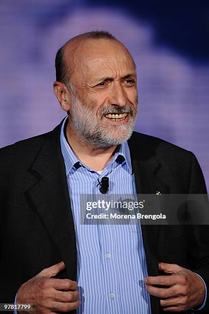 Carlo Petrini during the Italian tv show "Che tempo che fa" in Milan, Italy.