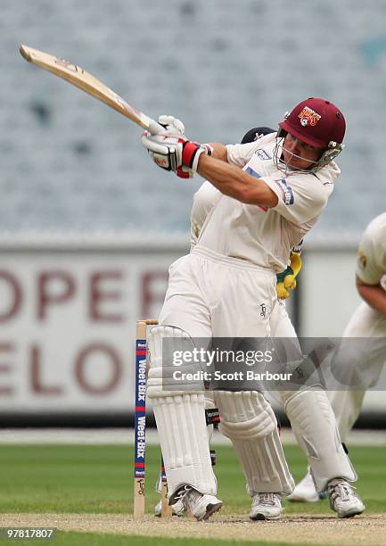 Chris Hartley of the Bulls pulls the ball during day two of the Sheffield Shield Final between the Victorian Bushrangers and the Queensland Bulls at...