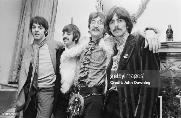 The Beatles at the press launch for their new album 'Sergeant Pepper's Lonely Hearts Club Band', held at Brian Epstein's house at 24 Chapel Street,...