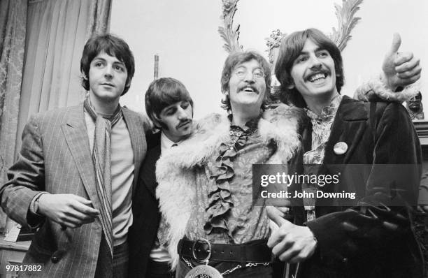 The Beatles at the press launch for their new album 'Sergeant Pepper's Lonely Hearts Club Band', held at Brian Epstein's house at 24 Chapel Street,...