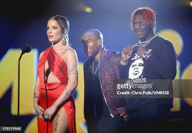Singer Halsey, radio host Charlamagne tha God and recording artist Lil Yachty speak onstage during the 2018 MTV Movie And TV Awards at Barker Hangar...