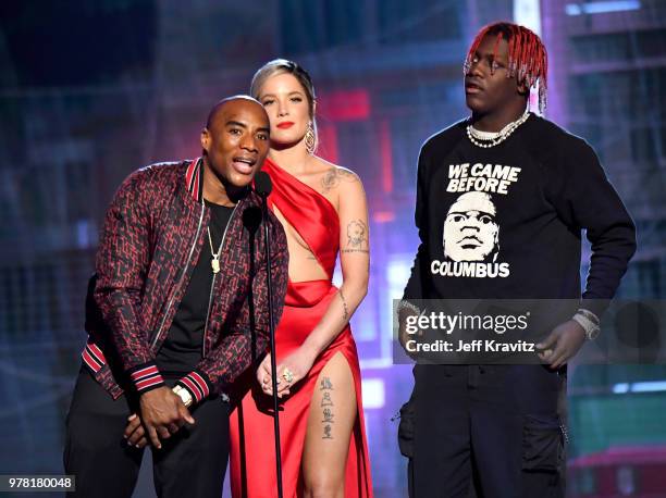 Radio personality Charlamagne Tha God, and recording artists Halsey and Lil Yachty speak onstage at the 2018 MTV Movie And TV Awards at Barker Hangar...