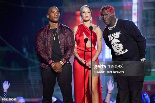 Radio personality Charlamagne Tha God, and recording artists Halsey and Lil Yachty speak onstage at the 2018 MTV Movie And TV Awards at Barker Hangar...