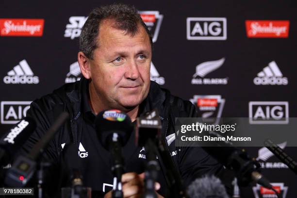 Assitant Coach Ian Foster of the All Blacks speaks to media during a New Zealand All Blacks press conference on June 19, 2018 in Dunedin, New Zealand.