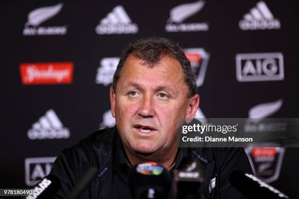 Assitant Coach Ian Foster of the All Blacks speaks to media during a New Zealand All Blacks press conference on June 19, 2018 in Dunedin, New Zealand.
