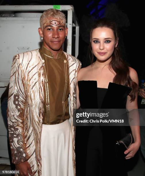 Actors Keiynan Lonsdale and Katherine Langford pose during the 2018 MTV Movie And TV Awards at Barker Hangar on June 16, 2018 in Santa Monica,...