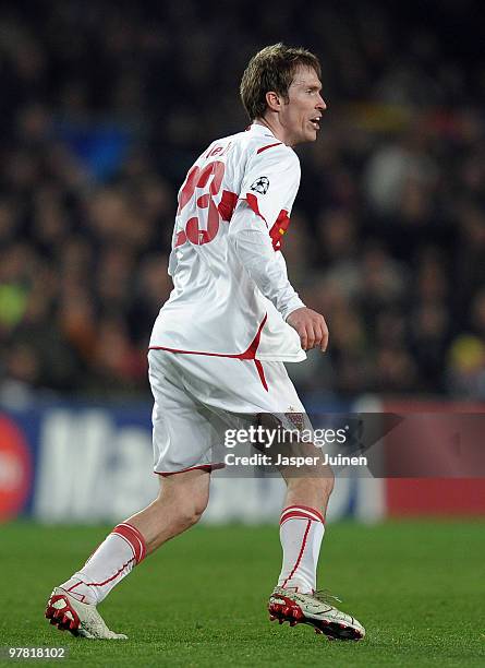 Aleksandr Hleb of Stuttgart reacts during the UEFA Champions League round of sixteen second leg match between FC Barcelona and VfB Stuttgart at the...