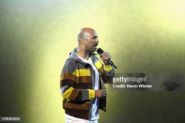 Actor-recording artist Common speaks onstage during the 2018 MTV Movie And TV Awards at Barker Hangar on June 16, 2018 in Santa Monica, California.