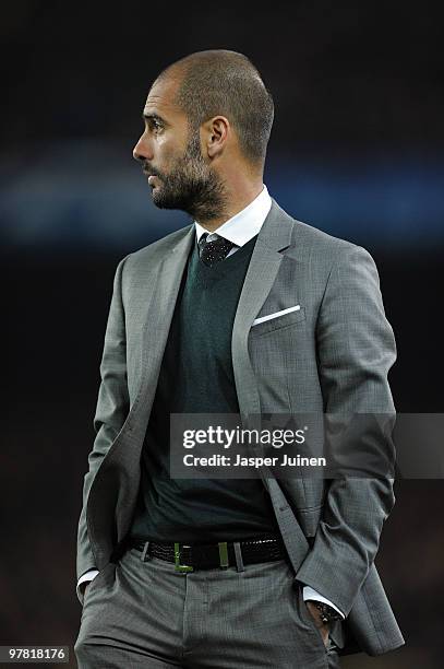 Head coach Josep Guardiola of FC Barcelona follows his players during the UEFA Champions League round of sixteen second leg match between FC...