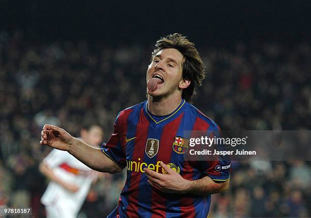 Lionel Messi of FC Barcelona reacts during the UEFA Champions League round of sixteen second leg match between FC Barcelona and VfB Stuttgart at the...