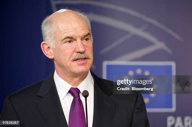 George Papandreou, Greece's prime minister, speaks during a press briefing at the European Union Parliament headquarters in Brussels, Belgium, on...