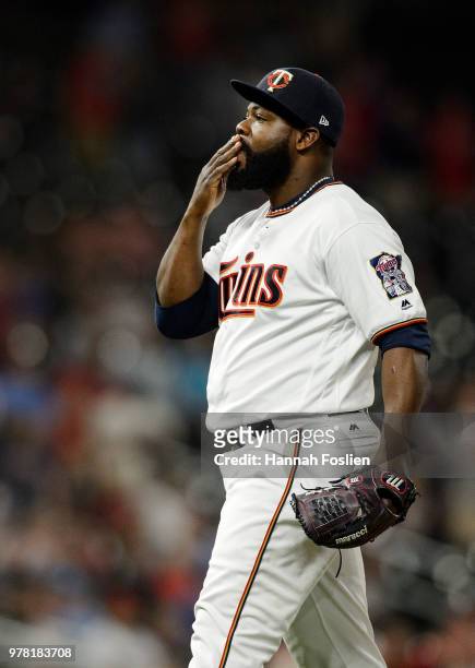 Fernando Rodney of the Minnesota Twins looks on during the interleague game against the St. Louis Cardinals on May 15, 2018 at Target Field in...