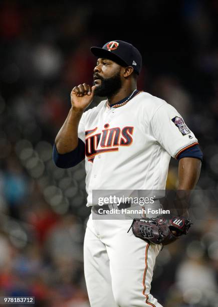 Fernando Rodney of the Minnesota Twins looks on during the interleague game against the St. Louis Cardinals on May 15, 2018 at Target Field in...