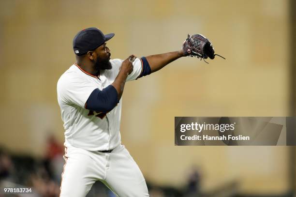 Fernando Rodney of the Minnesota Twins celebrates defeating the St. Louis Cardinals after the interleague game on May 15, 2018 at Target Field in...