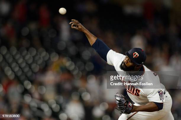 Fernando Rodney of the Minnesota Twins delivers a pitch against the St. Louis Cardinals during the interleague game on May 15, 2018 at Target Field...