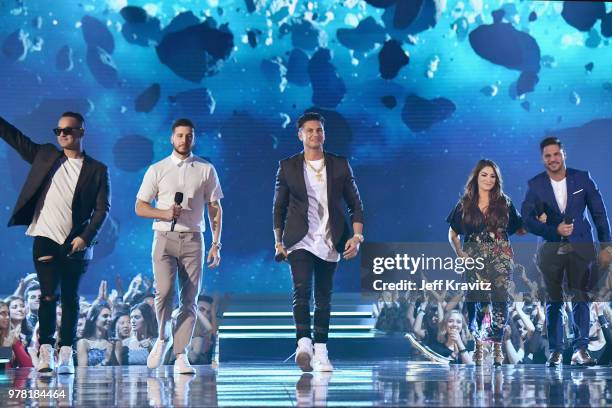 Personalities Mike Sorrentino, Vinny Guadagnino, Paul Delvecchio, Deena Nicole Cortese, and Ronnie Ortiz-Magro speak onstage at the 2018 MTV Movie...