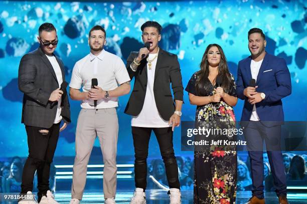 Personalities Mike Sorrentino, Vinny Guadagnino, Paul Delvecchio, Deena Nicole Cortese, and Ronnie Ortiz-Magro speak onstage at the 2018 MTV Movie...