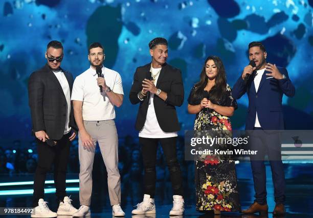 Mike Sorrentino aka The Situation, Vinny Guadagnino, Paul DelVecchio aka DJ Pauly D, Deena Nicole Cortese, and Ronnie Ortiz-Magro speak onstage...