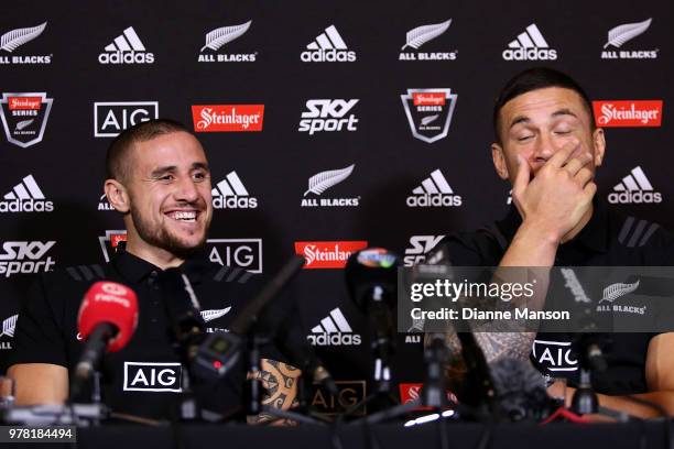 Perenara and Sonny Bill Williams of the All Blacks speak to media during a New Zealand All Blacks press conference on June 19, 2018 in Dunedin, New...