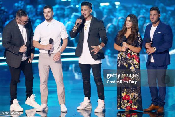 Personalities Mike Sorrentino, Vinny Guadagnino, DJ Pauly D, Deena Nicole Cortese, and Ronnie Ortiz-Magro speak onstage during the 2018 MTV Movie And...