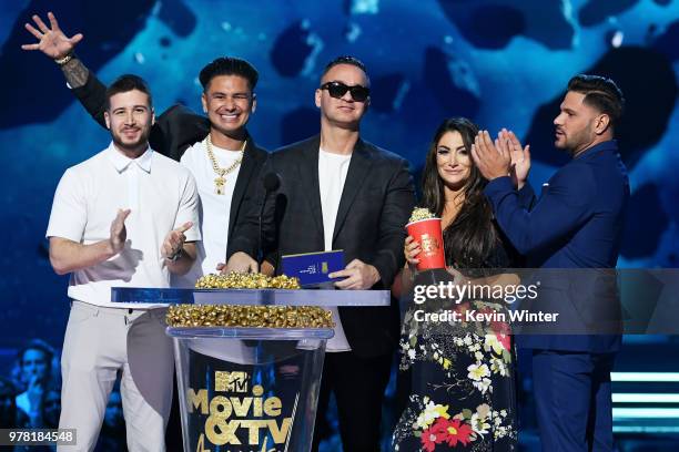 Personalities Vinny Guadagnino, Paul DelVecchio aka DJ Pauly D, Mike Sorrentino aka The Situation, Deena Nicole Cortese, and Ronnie Ortiz-Magro speak...