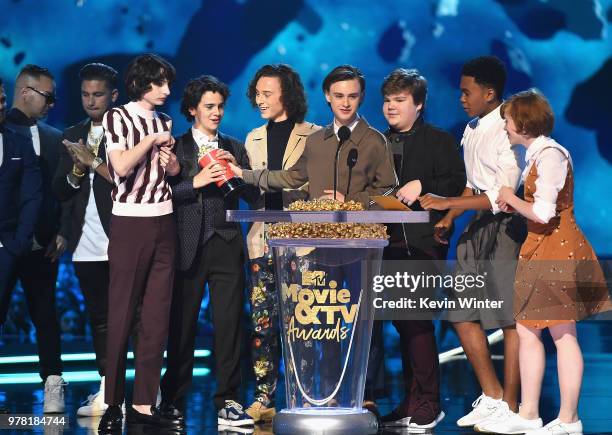 Actors Finn Wolfhard, Jack Dylan Grazer, Wyatt Oleff, Jaeden Lieberher, Jeremy Ray Taylor, Chosen Jacobs, and Sophia Lillis accept the Best On-Screen...