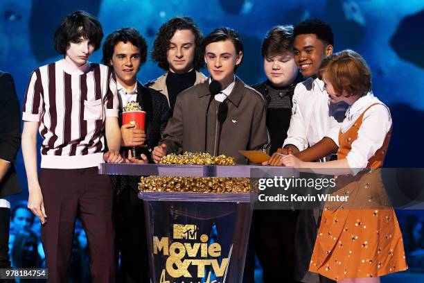 Actors Finn Wolfhard, Jack Dylan Grazer, Wyatt Oleff, Jaeden Lieberher, Jeremy Ray Taylor, Chosen Jacobs, and Sophia Lillis accept the Best On-Screen...