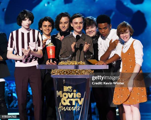 Actors Finn Wolfhard, Jack Dylan Grazer, Wyatt Oleff, Jaeden Lieberher, Jeremy Ray Taylor, Chosen Jacobs, and Sophia Lillis accept the Best On-Screen...