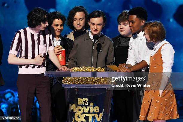 Actors Finn Wolfhard, Jack Dylan Grazer, Wyatt Oleff, Jaeden Lieberher, Jeremy Ray Taylor, Chosen Jacobs, and Sophia Lillis accept the Best On-Screen...