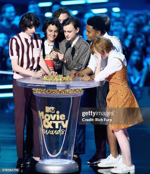 Actors Finn Wolfhard, Jack Dylan Grazer, Wyatt Oleff, Jaeden Lieberher, Jeremy Ray Taylor, Chosen Jacobs, and Sophia Lillis accept the Best On-Screen...