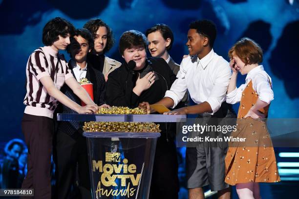 Actors Finn Wolfhard, Wyatt Oleff, Jeremy Ray Taylor, Jaeden Lieberher, Jeremy Ray Taylor, Chosen Jacobs, and Sophia Lillis accept the Best On-Screen...