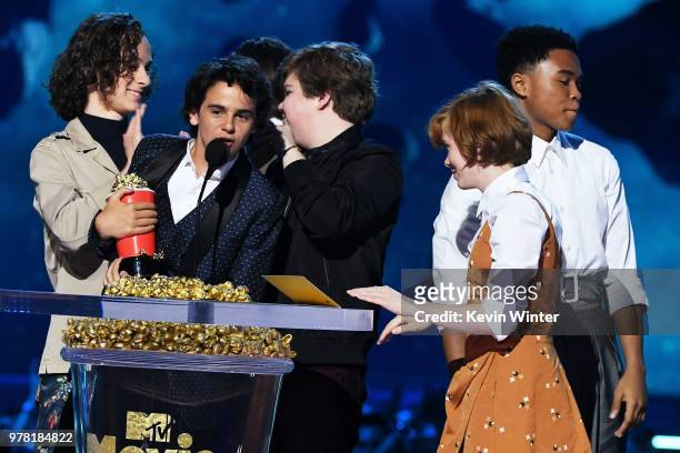Actors Wyatt Oleff, Jack Dylan Grazer, Jeremy Ray Taylor, Chosen Jacobs, and Sophia Lillis accept the Best On-Screen Team award for 'It' onstage...