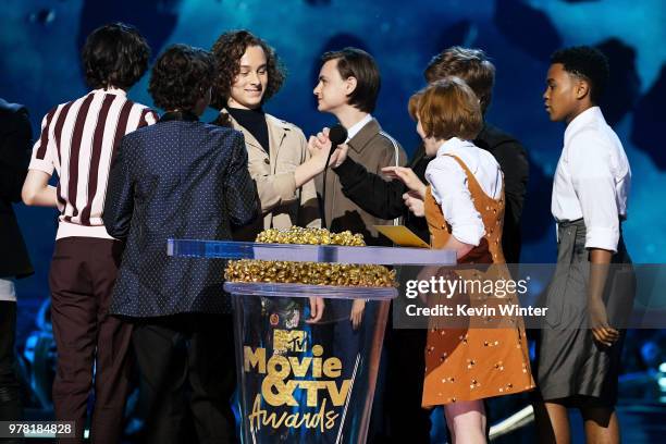 Actors Finn Wolfhard, Jack Dylan Grazer, Wyatt Oleff, Jaeden Lieberher, Jeremy Ray Taylor, Chosen Jacobs, and Sophia Lillis accept the Best On-Screen...