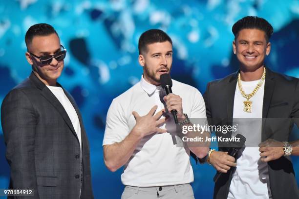 Personalities Mike Sorrentino, Vinny Guadagnino, and speak onstage at the 2018 MTV Movie And TV Awards at Barker Hangar on June 16, 2018 in Santa...