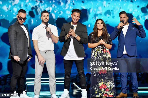 Personalities Mike Sorrentino, Vinny Guadagnino, Paul Delvecchio, Deena Nicole Cortese, and Ronnie Ortiz-Magro speak onstage at the 2018 MTV Movie...