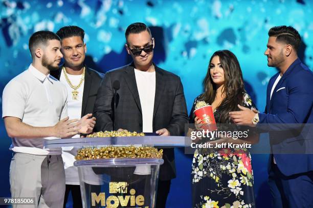 Personalities Vinny Guadagnino, Paul Delvecchio, Mike Sorrentino, Deena Nicole Cortese, and Ronnie Ortiz-Magro speak onstage at the 2018 MTV Movie...