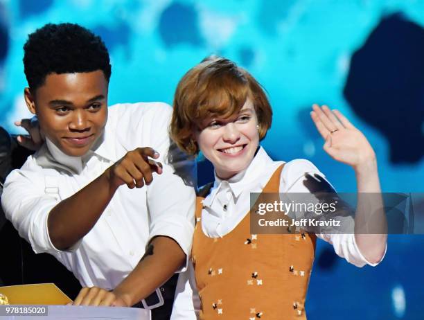 Actors Chosen Jacobs and Sophia Lillis attend the 2018 MTV Movie And TV Awards at Barker Hangar on June 16, 2018 in Santa Monica, California.