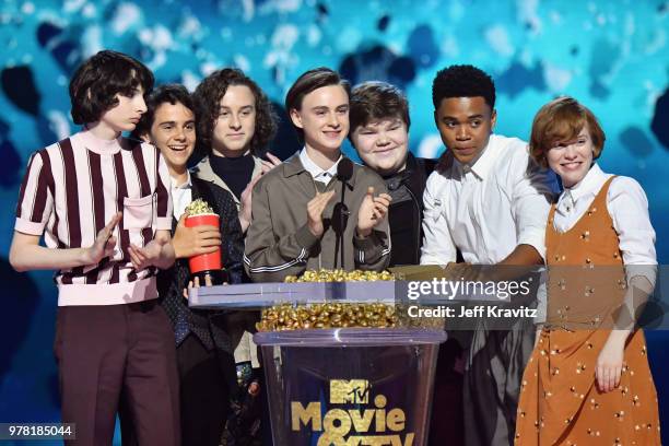 Actors Finn Wolfhard, Jack Dylan Grazer, Wyatt Oleff, Jaeden Lieberher, Jeremy Ray Taylor, Chosen Jacobs, and Sophia Lillis accept award onstage at...