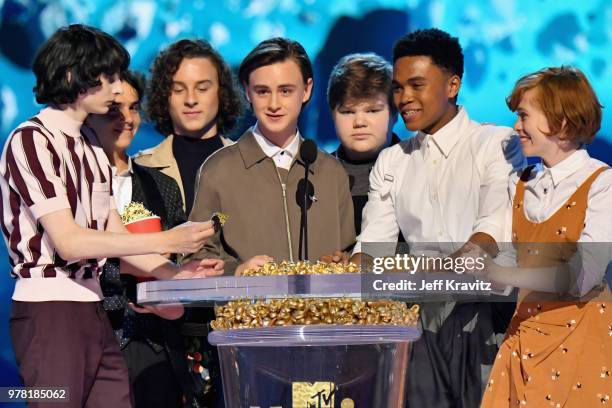 Actors Finn Wolfhard, Jack Dylan Grazer, Wyatt Oleff, Jaeden Lieberher, Jeremy Ray Taylor, Chosen Jacobs, and Sophia Lillis accept award onstage at...