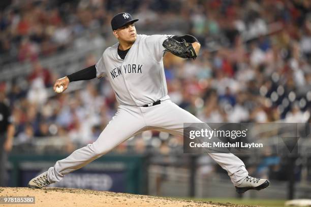 Dellin Betances of the New York Yankees pitches in the eighth inning during game two of a double header against the Washington Nationals at Nationals...